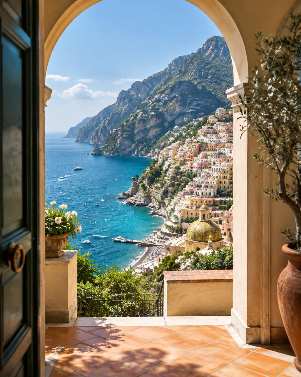 An Italian coastal view framed by a villa archway