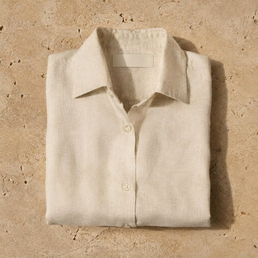 A folded cream linen shirt on travertine stone