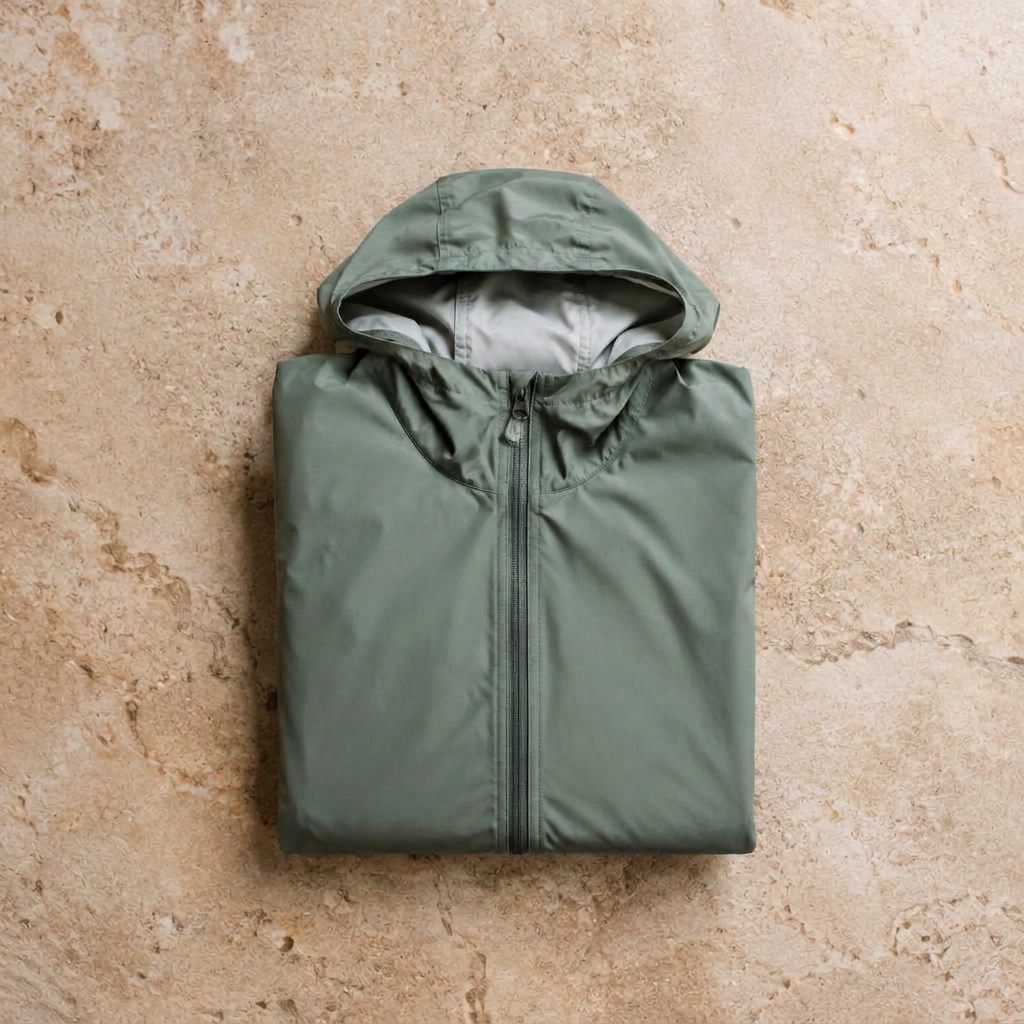 A folded sage green lightweight rain jacket